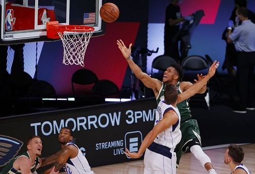 Giannis Antetokounmpo of the Milwaukee Bucks in NBA action against the Dallas Mavericks