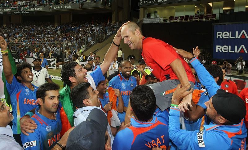 Gary Kirsten celebrates after winning the 2011 World Cup with India