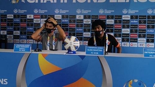 Juan Ferrando and Glan Martins interact with the press ahead of the Al Wahda tie. (Image: AFC)