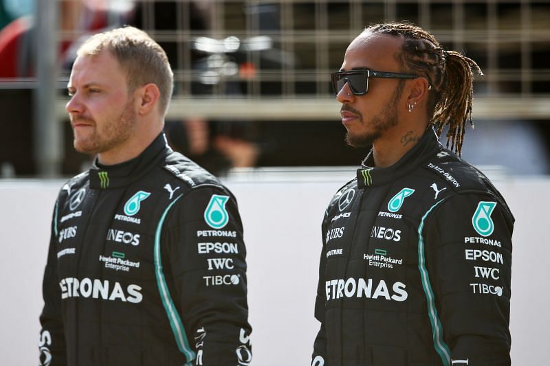 Lewis Hamilton and Valtteri Bottas on Day One of F1 Testing at Bahrain International Circuit. Photo: Joe Portlock/Getty Images. 