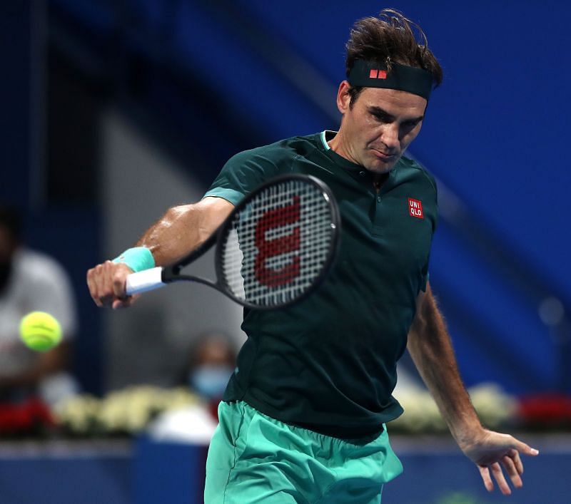 Roger Federer at the Qatar ExxonMobil Open in March 2021 in Doha, Qatar