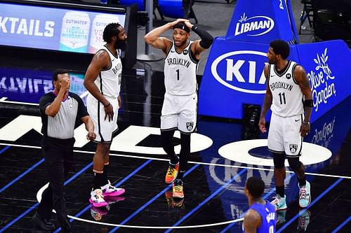 Bruce Brown #1 of the Brooklyn Nets reacts to a foul 