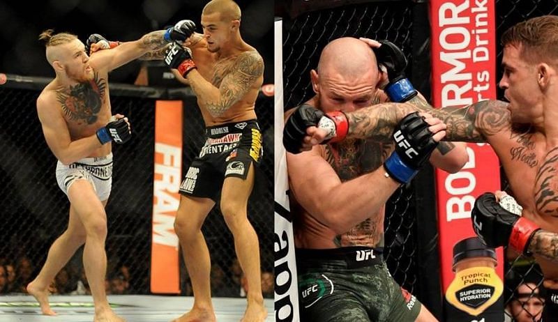 Conor McGregor vs. Dustin Poirier at UFC 178 (left) and at UFC 257 (right)