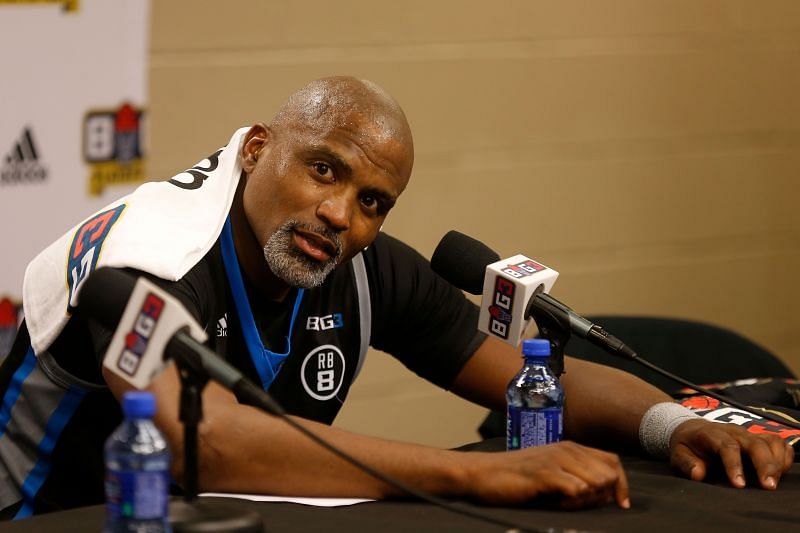 Cuttino Mobley #5 speaks at a press conference during week nine of the BIG3 three-on-three basketball league
