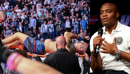 Anderson Silva (R) reacts to Chris Weidman's leg injury