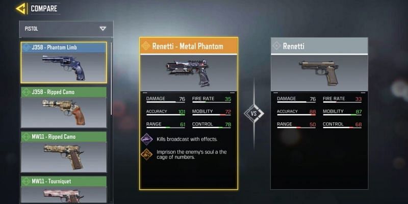 In-game stats comparison of Renetti - Metal Phantom v/s Renetti (Image via Activision)