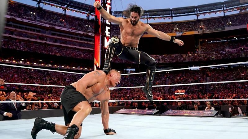 Seth Rollins hits a Curb Stomp on Brock Lesnar (Credit: WWE)
