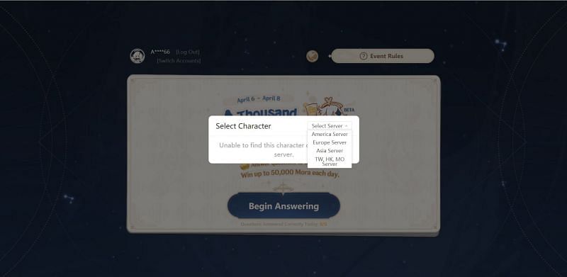 Choosing a server for A Thousand Questions with Paimon event in Genshin Impact (Image via miHoYo)
