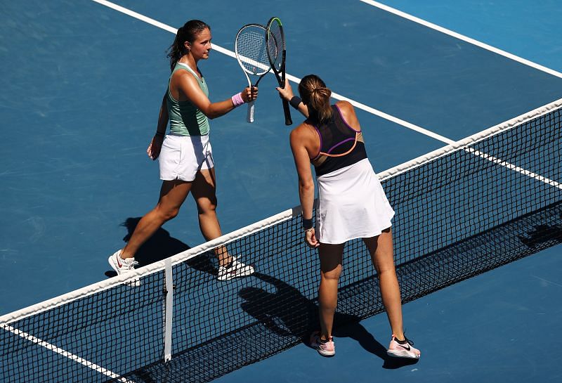 Daria Kasatkina (L) and Aryna Sabalenka after their 2021 Australian Open match