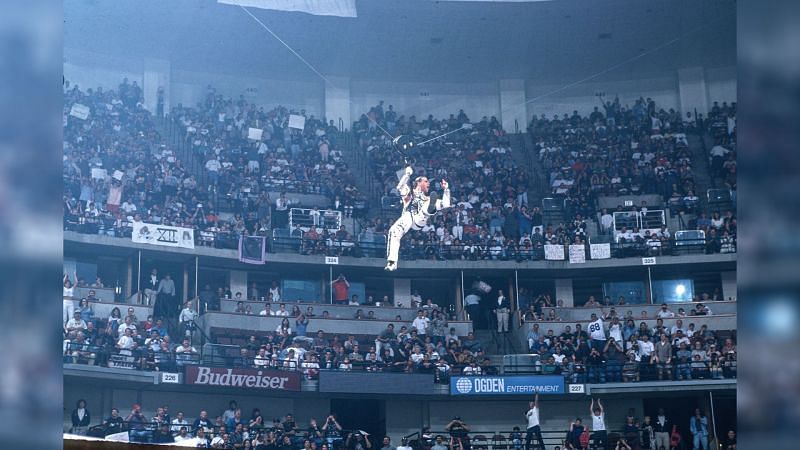 Shawn Michaels made a spectacular entrance on a zip-wire at WrestleMania XII (Credit = WWE Network)