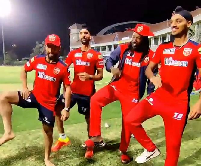 IPL 2021: [Watch] Chris Gayle joins his Punjab Kings teammates in 'thigh-five' celebration