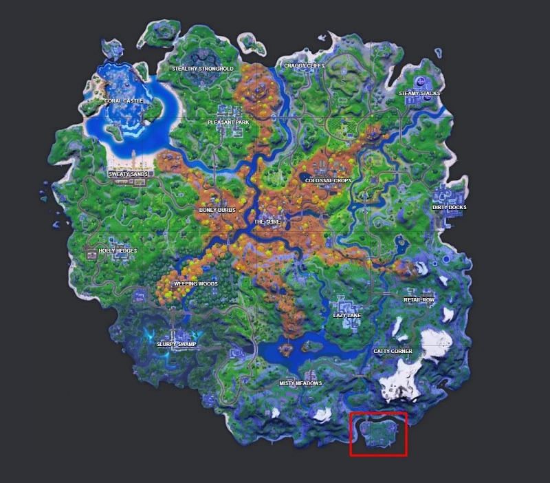 The area highlighted in red is where Camp Cod is located. Image via Fortnite.gg