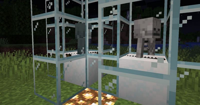 Shown: Powder Snow traps transform Skeletons into Strays (Image via Minecraft)