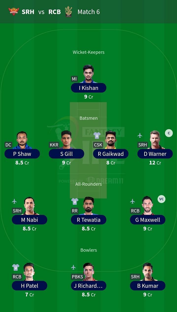 Suggested Team for Match 6- SRH vs. RCB.