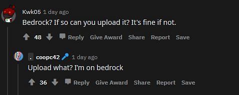 Shown: A user asking the OP to upload the world (Image via Reddit)