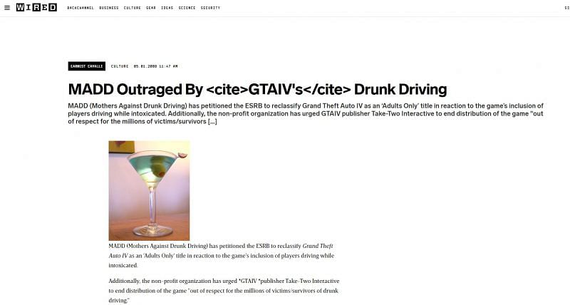 MADD (Mothers Against Drunk Driving) did not take too kindly to a feature in GTA 4 (Image via Wired)