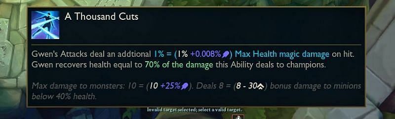 Gwen&#039;s basic attacks deal an additional Max Health magic damage (1% + 0.008% AP) on hit (Image via Surrender@20)