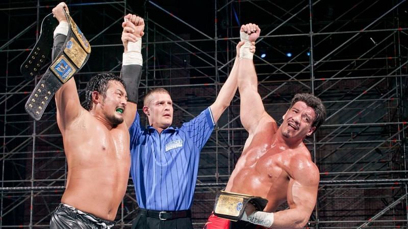 Eddie Guerrero and Tajiri winning the WWE Tag Team Championships at Judgment Day 2003