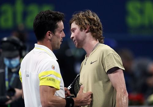 Roberto Bautista Agut (L) and Andrey Rublev