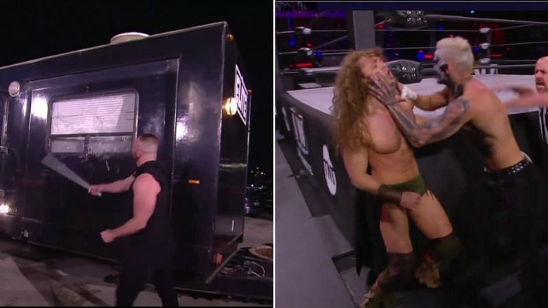 Jon Moxley (L) attacked The Elite&#039;s trailer