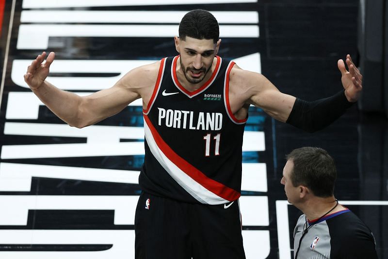 Enes Kanter #11 reacts toward the referee after a foul.