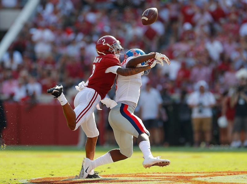 Alabama cornerback Patrick Surtain II breaks up a pass intended for Ole Miss Rebels wide receiver Jonathan Mingo on Sept. 28, 2019.