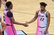 Bam Adebayo (#13) and Jimmy Butler (#22) of the Miami Heat