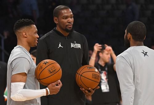 Former teammates Russell Westbrook (left) and Kevin Durant (right)