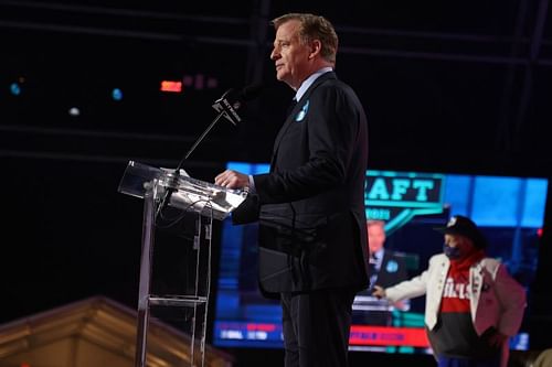 NFL Commissioner Roger Goodell announces Gregory Rousseau being selected 30th overall by the Buffalo Bills during 2021 NFL Draft at the Great Lakes Science Center on April 29, 2021, in Cleveland, Ohio.