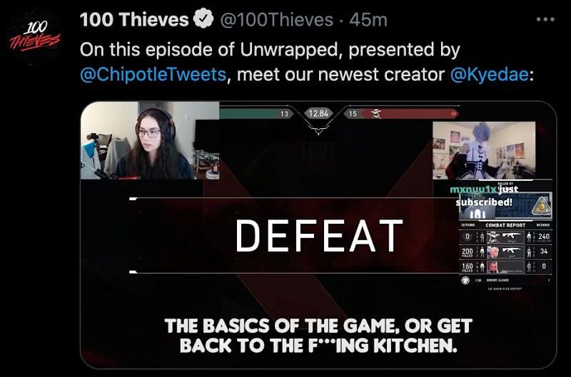 100 Thieves Signs  and Twitch Streamer Kyedae – The