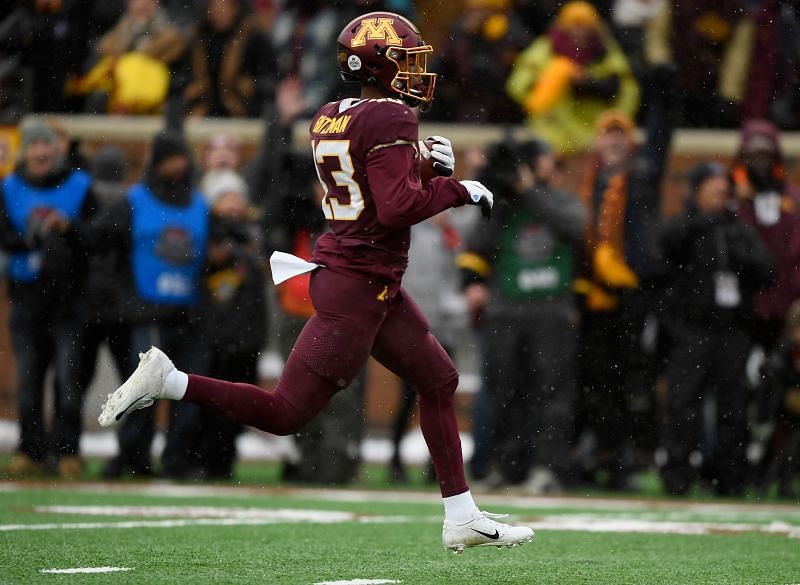 Minnesota wide receiver Rashod Bateman scores a touchdown against Wisconsin on Nov. 30, 2019, in Minneapolis, Minnesota.