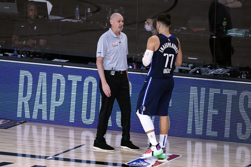 Head coach Rick Carlisle and Luka Doncic #77 of the Dallas Mavericks.