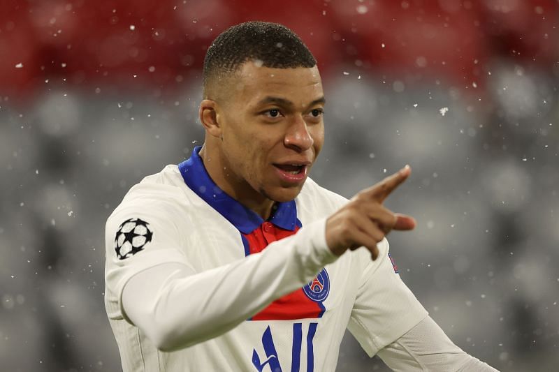 Kylian Mbappe celebrates after scoring in Munich.