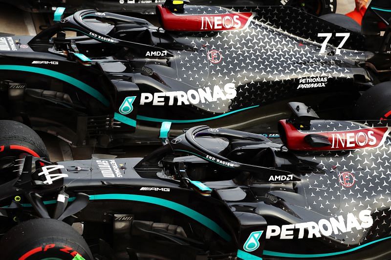 The cars of Lewis Hamilton of Great Britain and Valtteri Bottas of Mercedes in parc ferme during the 2020 Imola Grand Prix. Photo: Mark Thompson/Getty Images.