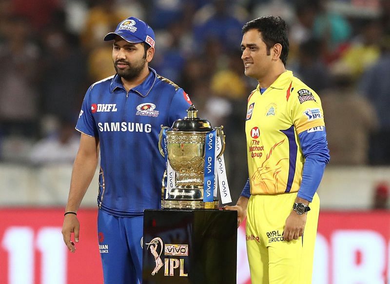 Rohit Sharma and MS Dhoni pose with the IPL Trophy ahead of the IPL 2019 Final