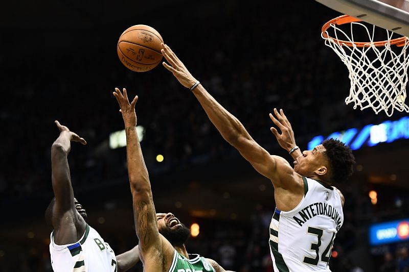 Giannis Antetokounmpo blocking a shot