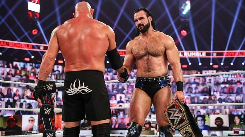 Goldberg and Drew McIntyre after their match at Royal Rumble
