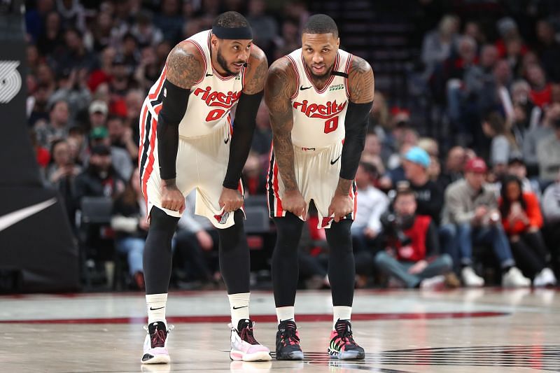 Carmelo Anthony (left) and Damian Lillard (right) of the Portland Trail Blazers.