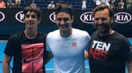 Lorenzo Musetti poses with Roger Federer at the 2020 Australian Open