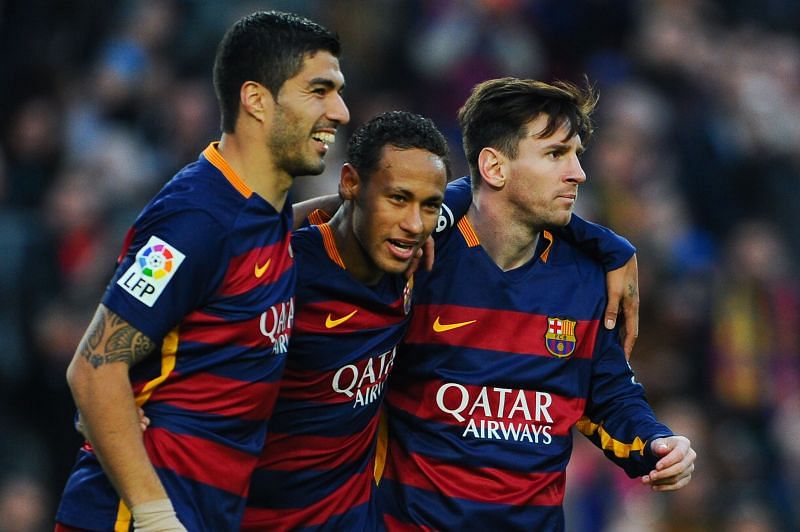 Luis Suarez, Neymar and Lionel Messi in Barcelona colors