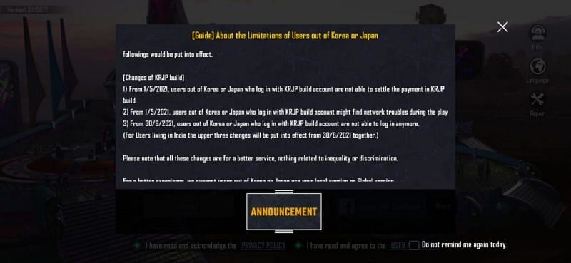 Same announcement in the PUBG Mobile Korea version