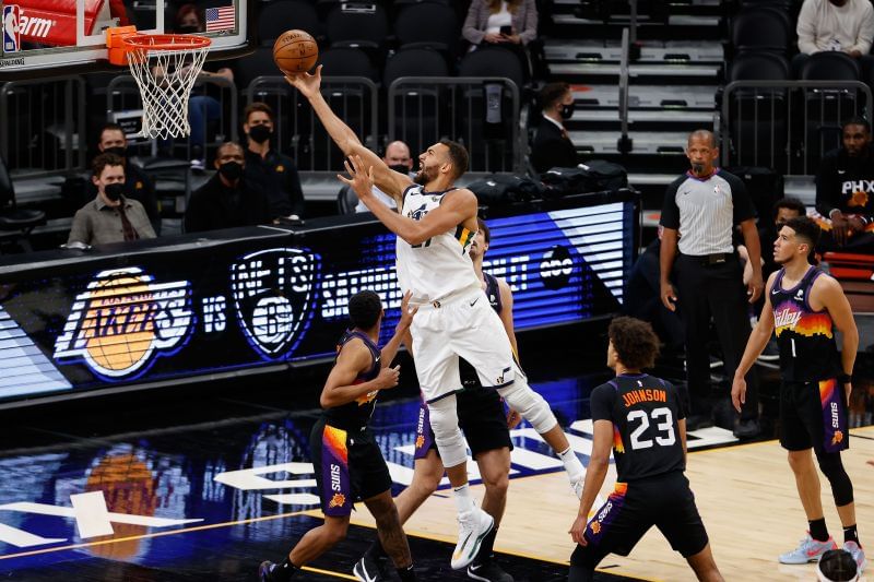 Rudy Gobert #27 of the Utah Jazz lays up a shot