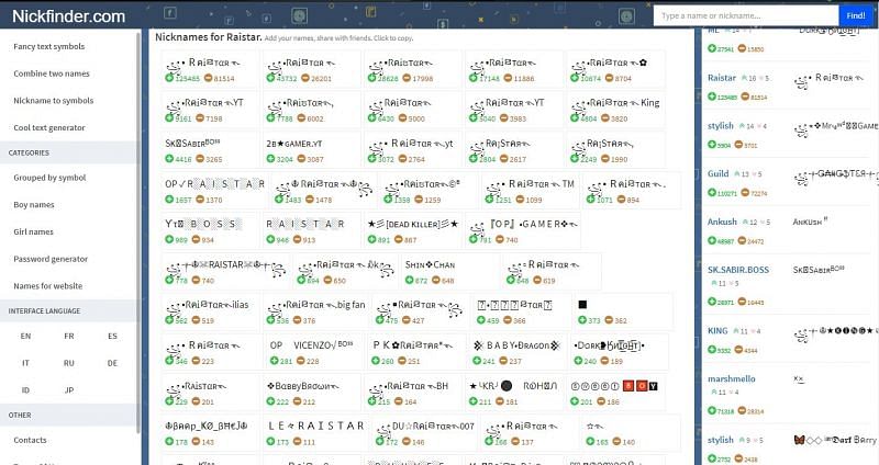 Names like Raistar on Nickfinder