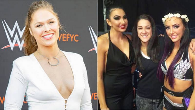 Ronda Rousey (left); Billie Kay, Bayley, and Peyton Royce (right)
