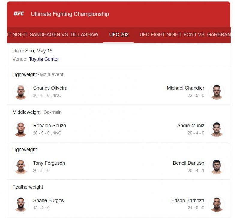 A screenshot of the UFC 262 schedule minus Nate Diaz vs Leon Edwards