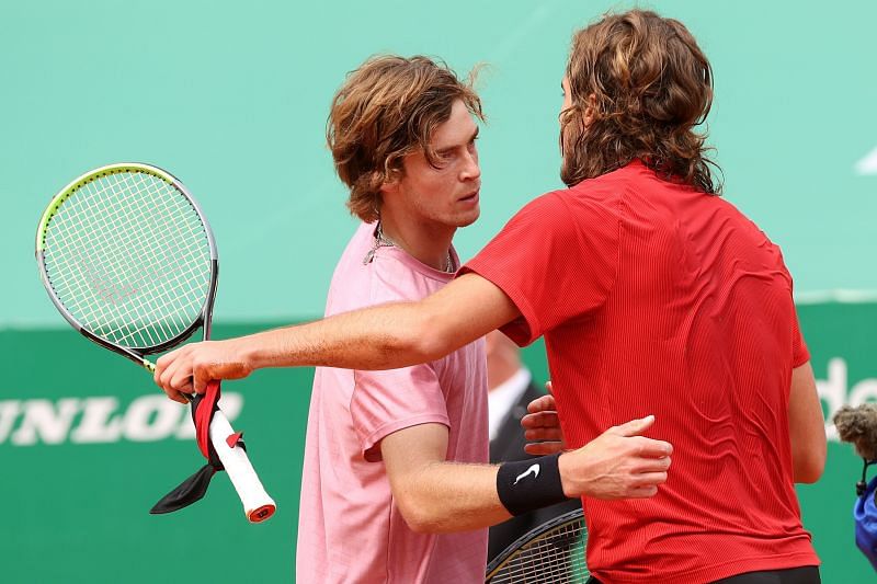 Andrey Rublev and Stefanos Tsitsipas embrace after their Monte Carlo final