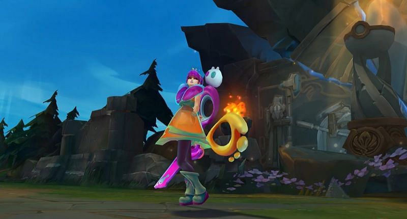 Space Groove Gwen&#039;s model in League of Legends (Image via Riot Games)