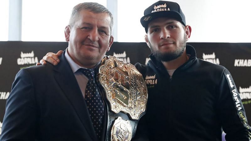 Khabib Nurmagomedov with his father Abdulmanap (left)