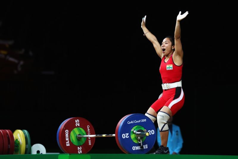 Mirabai Chanu celebrates her victory at the 2018 Commonwealth Games