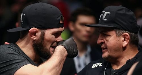 Khabib Nurmagomedov (Left) with Abdulmanap Nurmagomedov (Right) during a UFC event